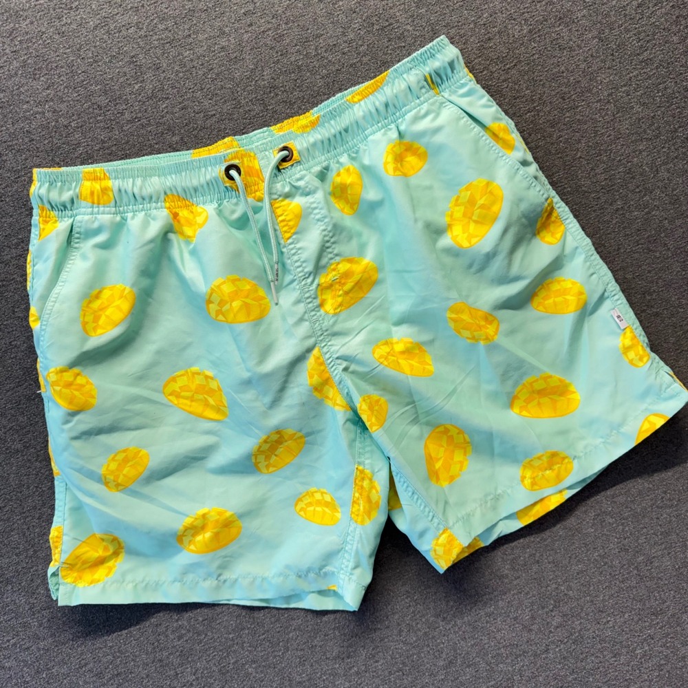 Bondi Beamers Mens Aqua Blue Mango Print Swim Trunks Board Shorts Large L